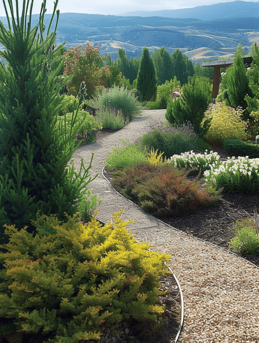 A winding pebble walkway snakes through a variety of conifers and flowering shrubs, offering views of rolling hills in the distance. --ar 3:4