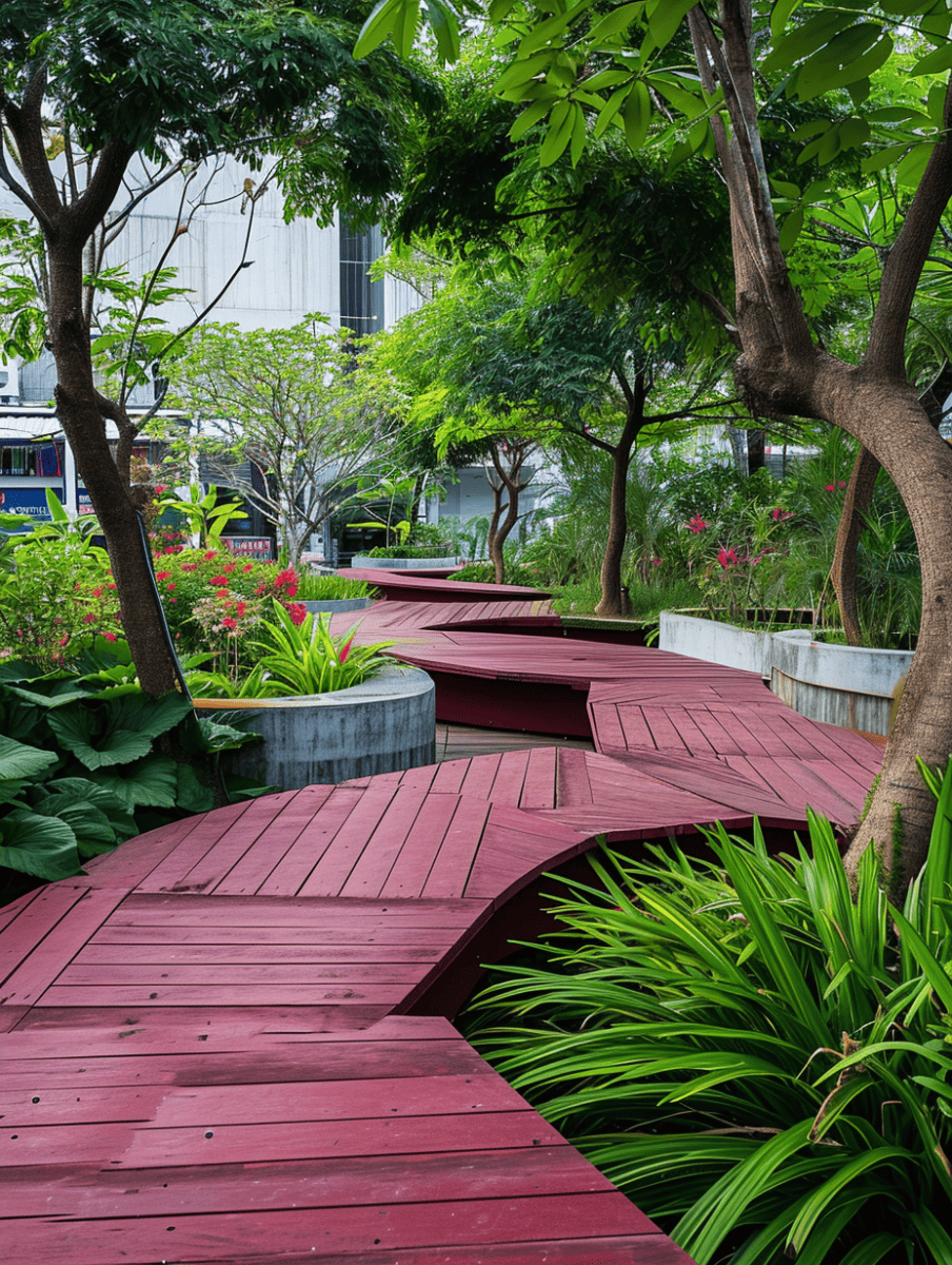 A winding red wooden pathway creates striking angles and lines as it meanders through a lush urban garden with green foliage and blooming flowers, contrasting with the straight lines of the surrounding architecture ar 3:4