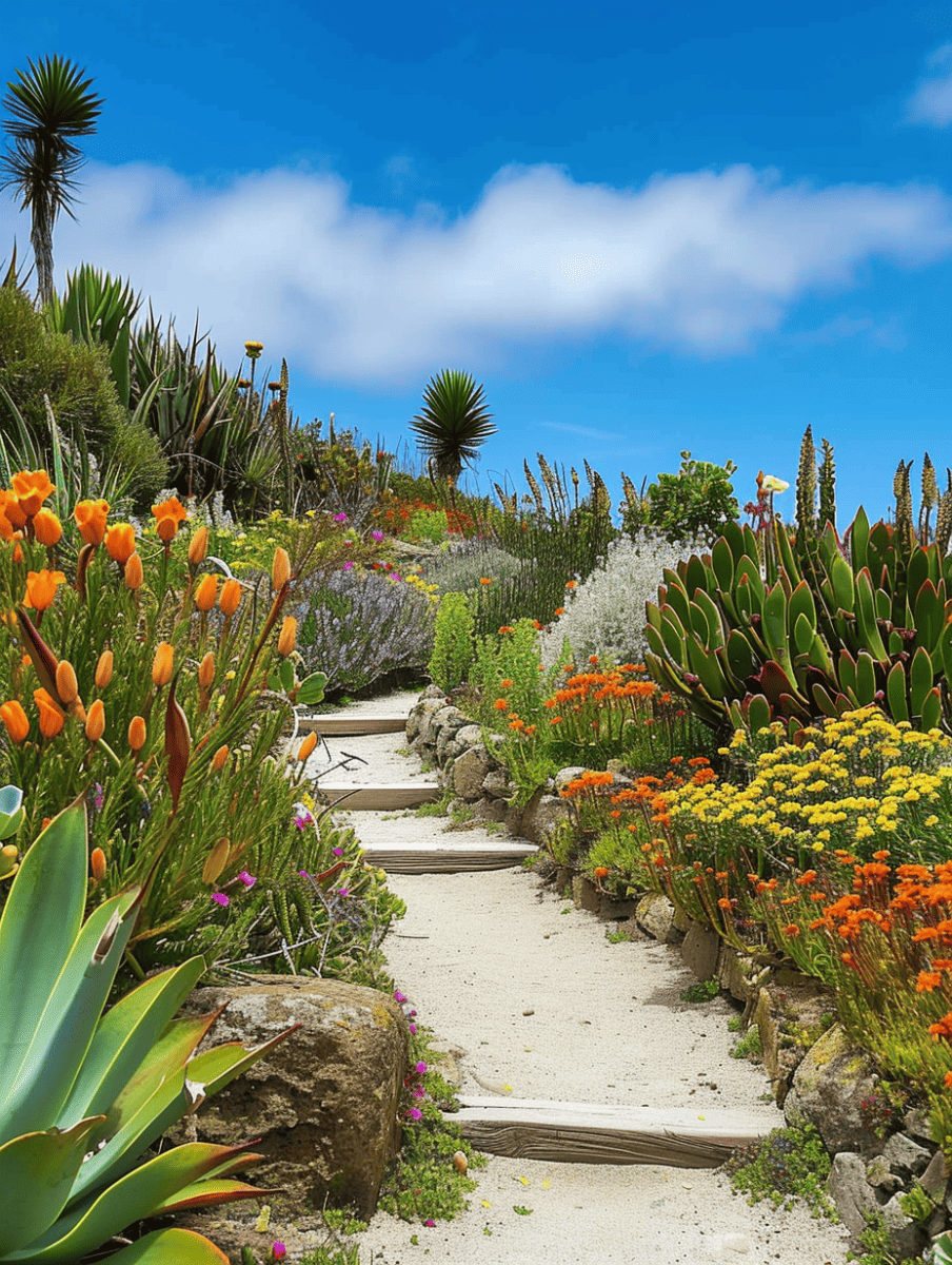 A winding sandy deck path lined with succulents, towering aloe plants, and a riot of colorful wildflowers under a bright blue sky. --ar 3:4