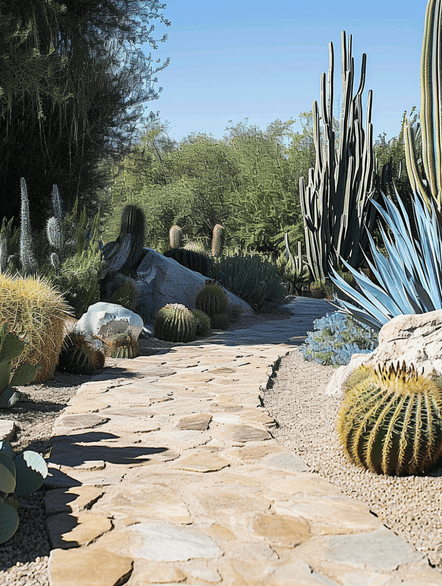 A winding stone pathway through a desert garden, lined with a diverse array of cacti and succulents including tall, blue-green agaves and spiky, spherical golden barrel cacti, set against a backdrop of lush greenery under a bright sky ar 3:4