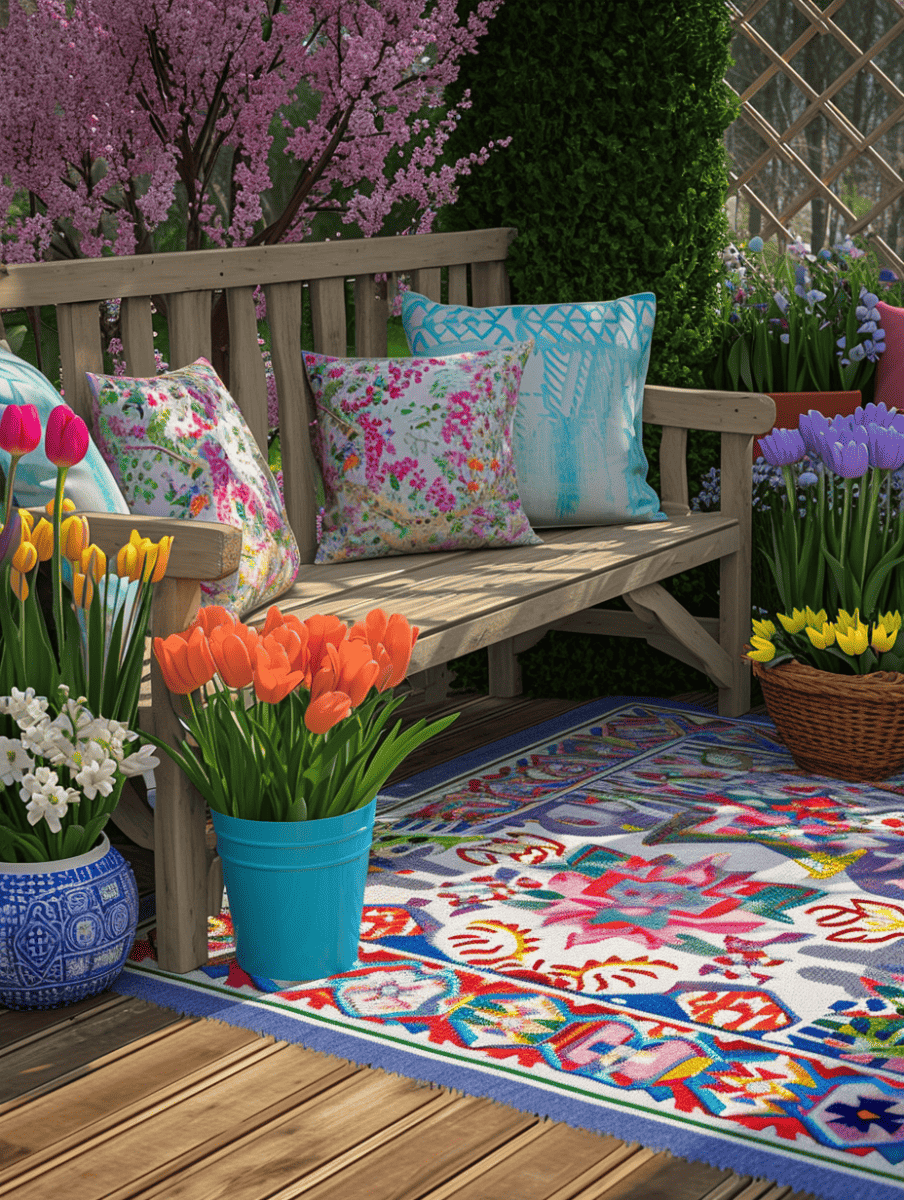 A wooden bench with vibrant patterned cushions serves as a focal point among colorful floral accents, including tulips in pots and a bright, intricately patterned outdoor rug ar 3:4