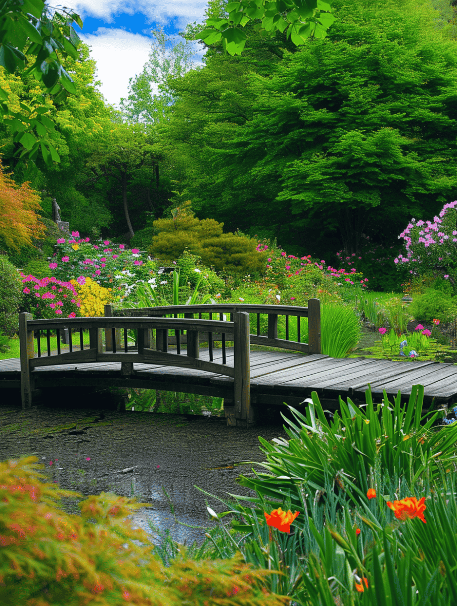 A wooden bridge over a tranquil pond offers a viewing area amidst a vibrant, flowering garden with a lush backdrop of dense green trees and clear blue sky ar 3:4