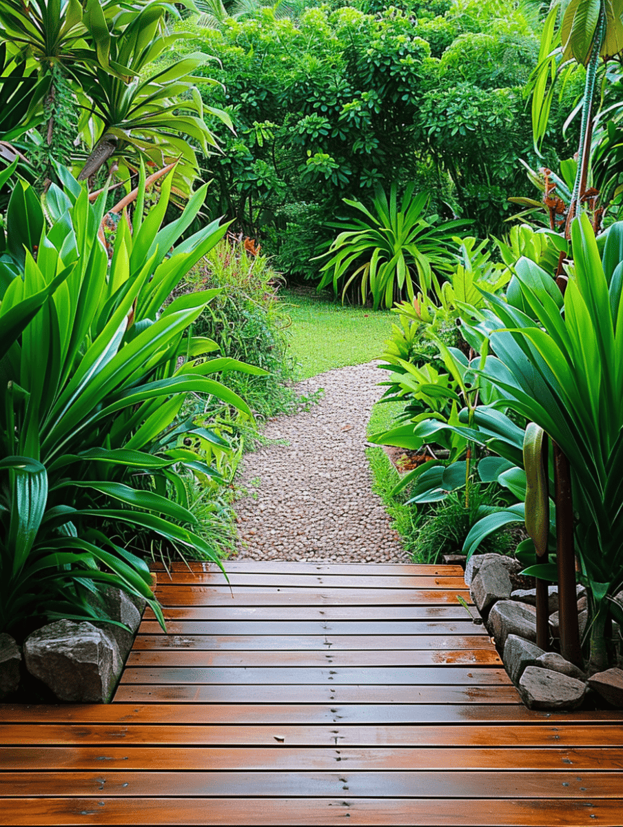 A wooden walkway leads symmetrically through vibrant green foliage, opening to a pebble-lined path in a tranquil garden ar 3:4