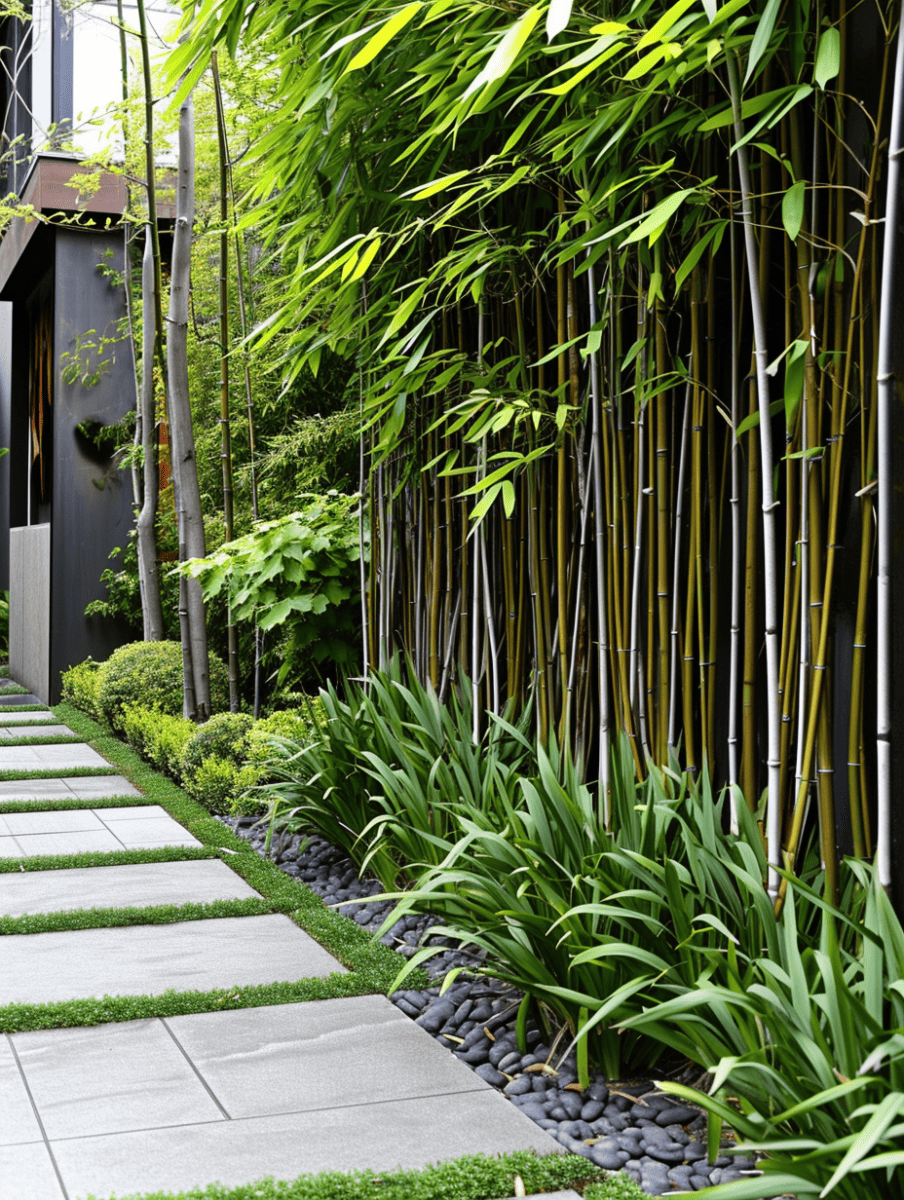 Against a backdrop of tall bamboo stalks that double as a privacy screen, a neatly organized garden path, bordered by manicured shrubs and strappy-leaved plants, creates a structured yet natural outdoor space ar 3:4
