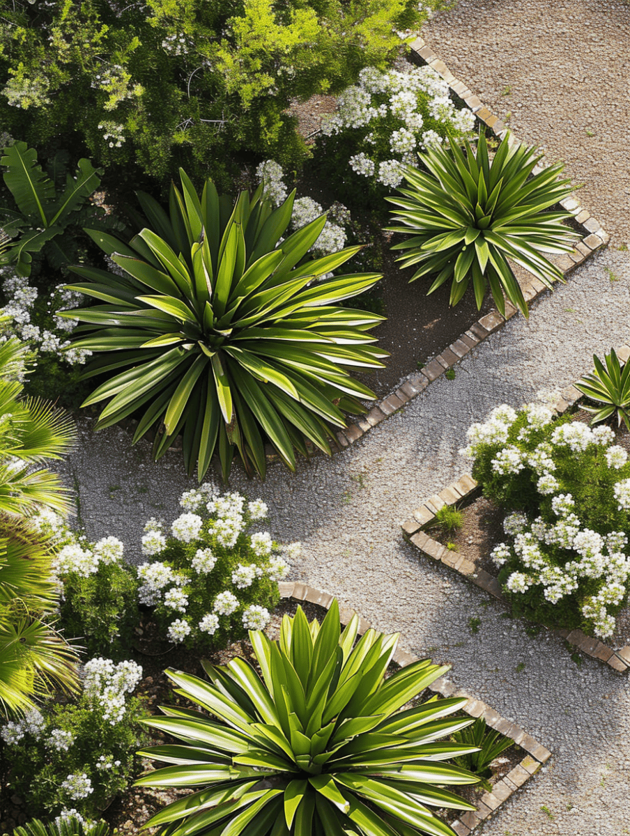 An aerial view of a garden with large, star-shaped agave plants at the intersections of gravel pathways, accented by clusters of white flowering shrubs and various greenery ar 3:4