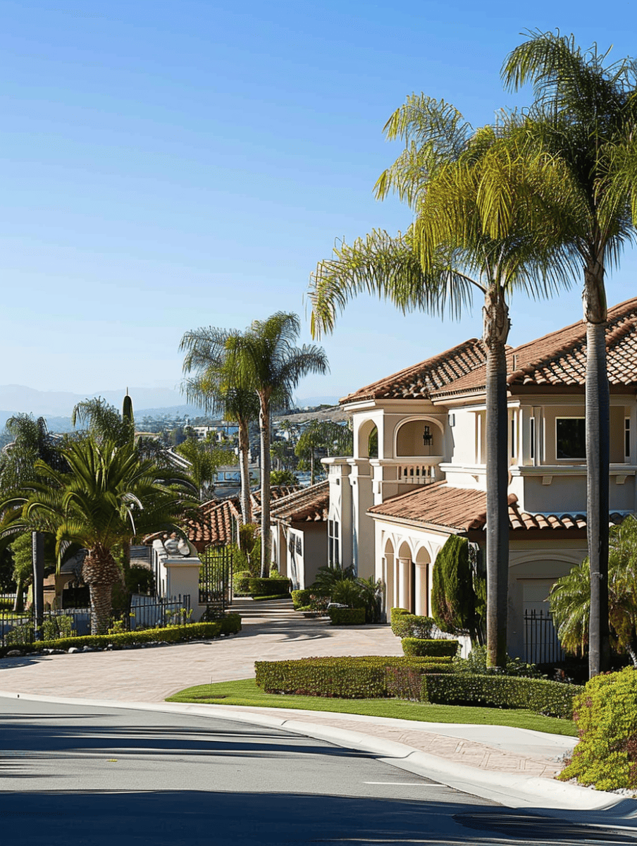 An affluent neighborhood street lined with manicured lawns and palm trees, in front of a spacious Mediterranean-style villa, under a clear blue sky ar 3:4