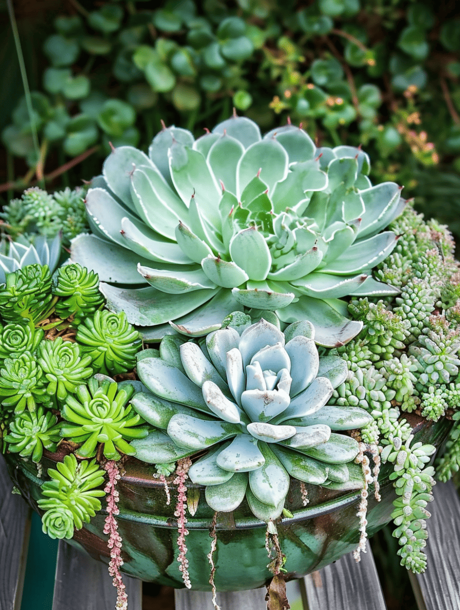 An arrangement of succulents in a pot, featuring large rosette-shaped echeverias, surrounded by smaller green succulents, with delicate pink-tipped trailing plants spilling over the edge ar 3:4