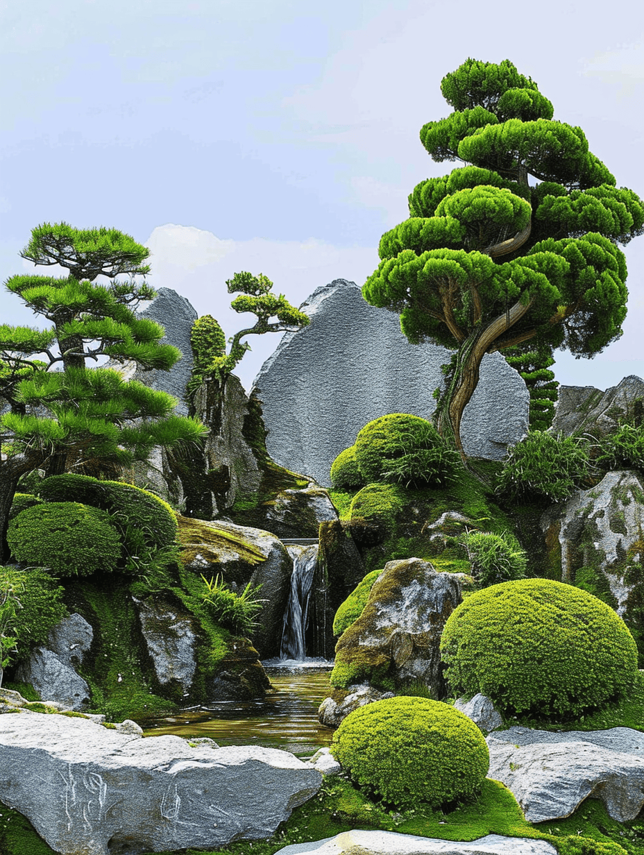 An artfully composed Zen garden with sculptural pine trees, moss-covered rocks, and a miniature waterfall, creating a harmonious and meticulously maintained natural tableau ar 3:4