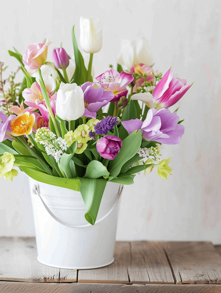 An assorted bouquet with tulips in shades of pink, white, and orange, complemented by purple flowers and greenery, arranged in a white bucket on a rustic wooden surface ar 3:4