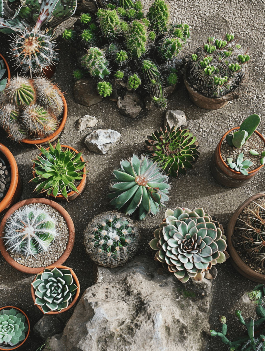 An assortment of potted succulents and cacti with varied textures and forms, ranging from spiny to smooth and rosette-shaped, in terracotta pots amidst rocks on a granular soil ground ar 3:4