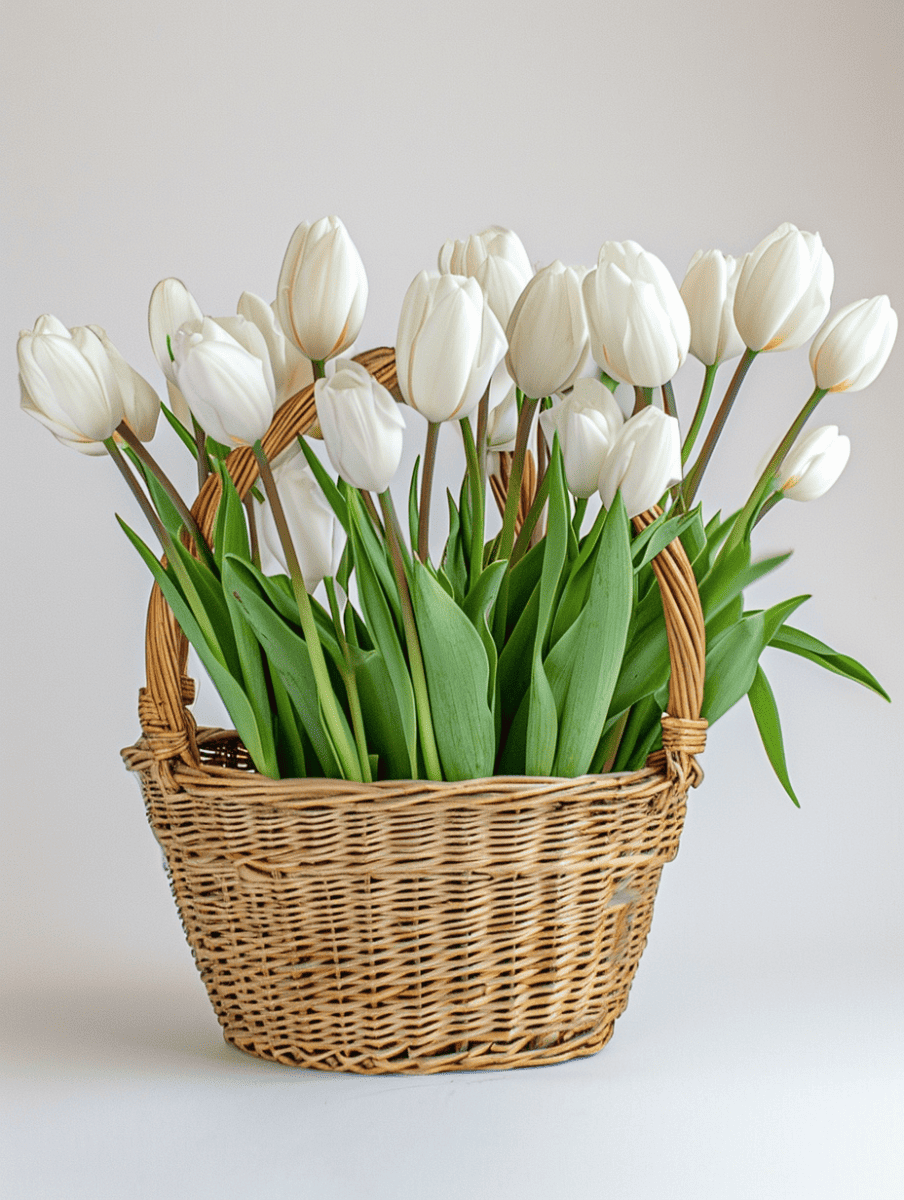 An elegant basket filled with fresh white tulips and their green foliage, set against a neutral-toned background ar 3:4