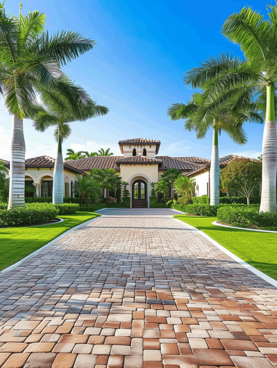 An elegant brick driveway leads to a luxurious residence, flanked by towering palm trees and immaculate green lawns under a blue sky ar 3:4