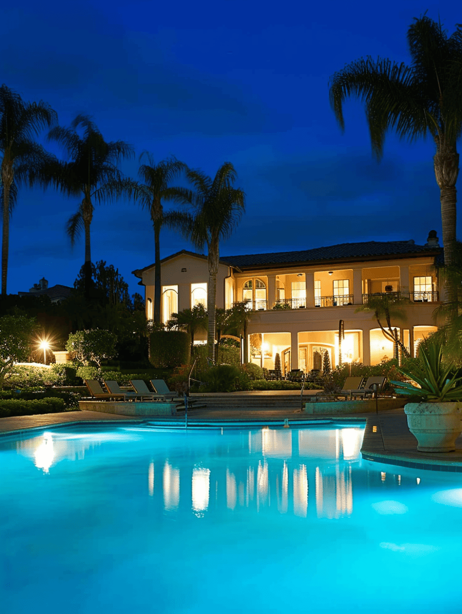 An elegant evening view of a lighted swimming pool in the foreground, reflecting the blue of the twilight sky, with palm trees and a warmly illuminated two-story house in the background ar 3:4