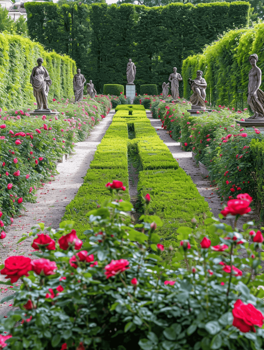 An elegant formal garden path, flanked by evenly spaced classical statues and lush rows of blooming red roses, leads through vibrant green hedges, creating a sense of symmetry and grandeur ar 3:4