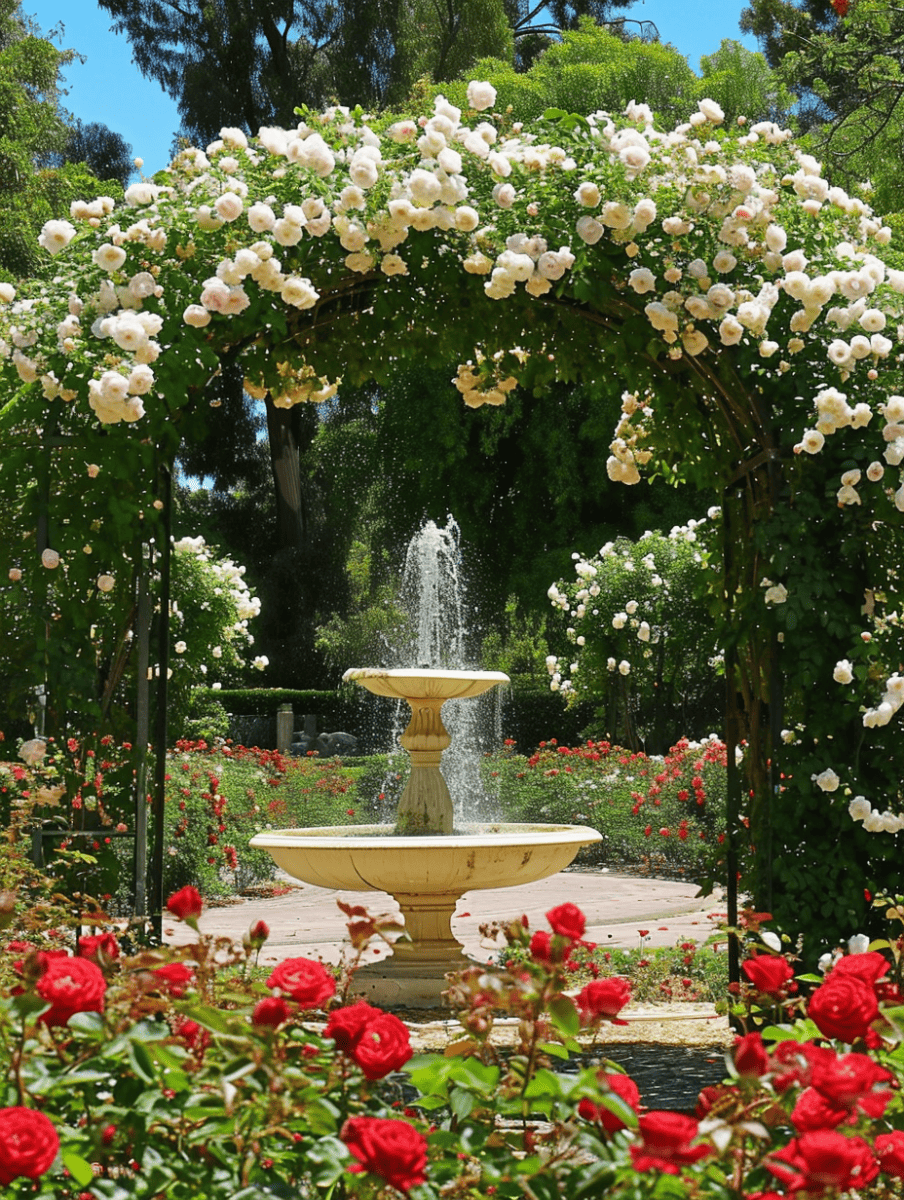 An elegant white rose-covered arch frames a classic fountain, with red roses in the foreground, set in a serene garden under a bright blue sky ar 3:4