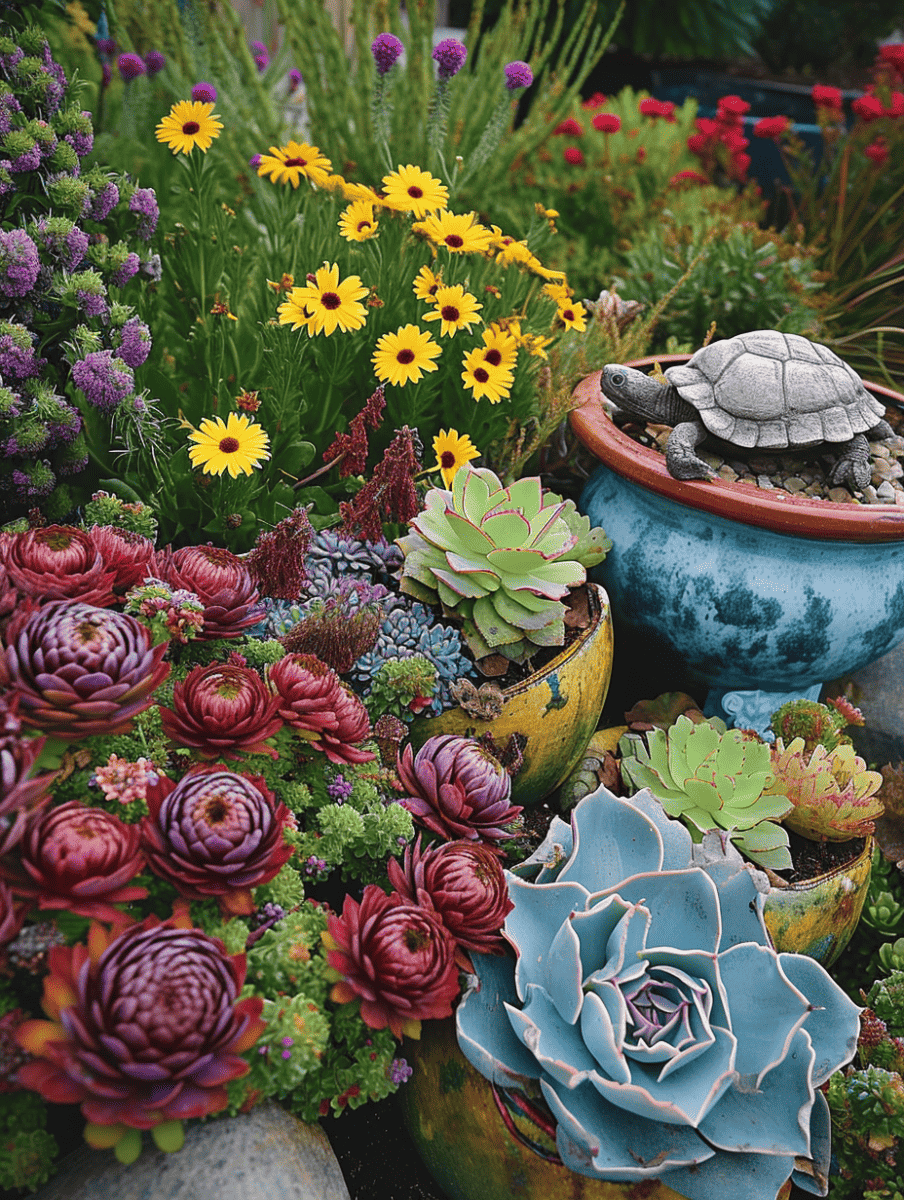 An enchanting assortment of succulents and flowers, featuring deep red aeoniums, a pale blue echeveria, and bright yellow daisies, all nestled in colorful pots with a decorative turtle figurine on top ar 3:4