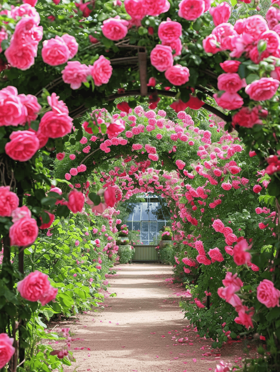 An enchanting tunnel of lush pink roses forms a floral archway over a serene garden path, leading towards a glass greenhouse in the distance ar 3:4