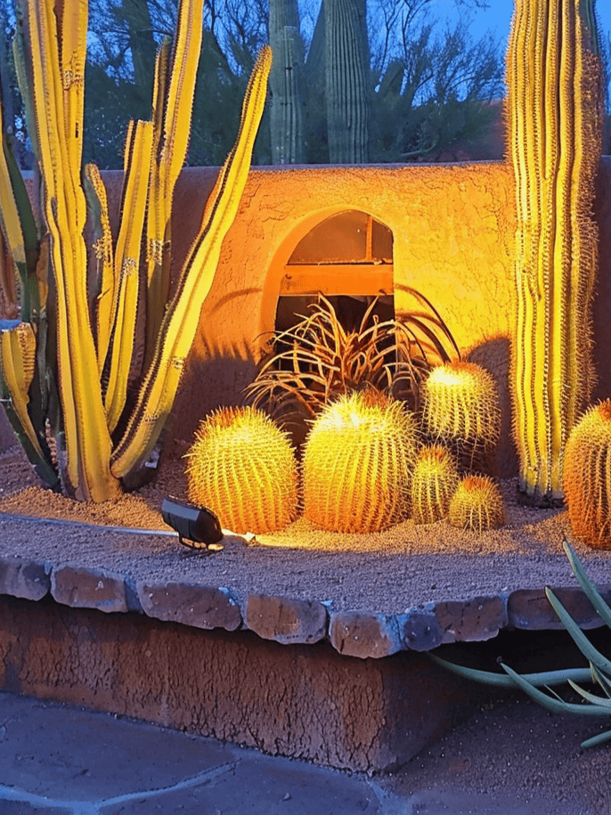 An evening scene captures golden light illuminating a group of spherical, spiny cacti and tall, slender ones, with an adobe wall and a small, arched alcove in the background, giving the plants a warm, glowing appearance ar 3:4