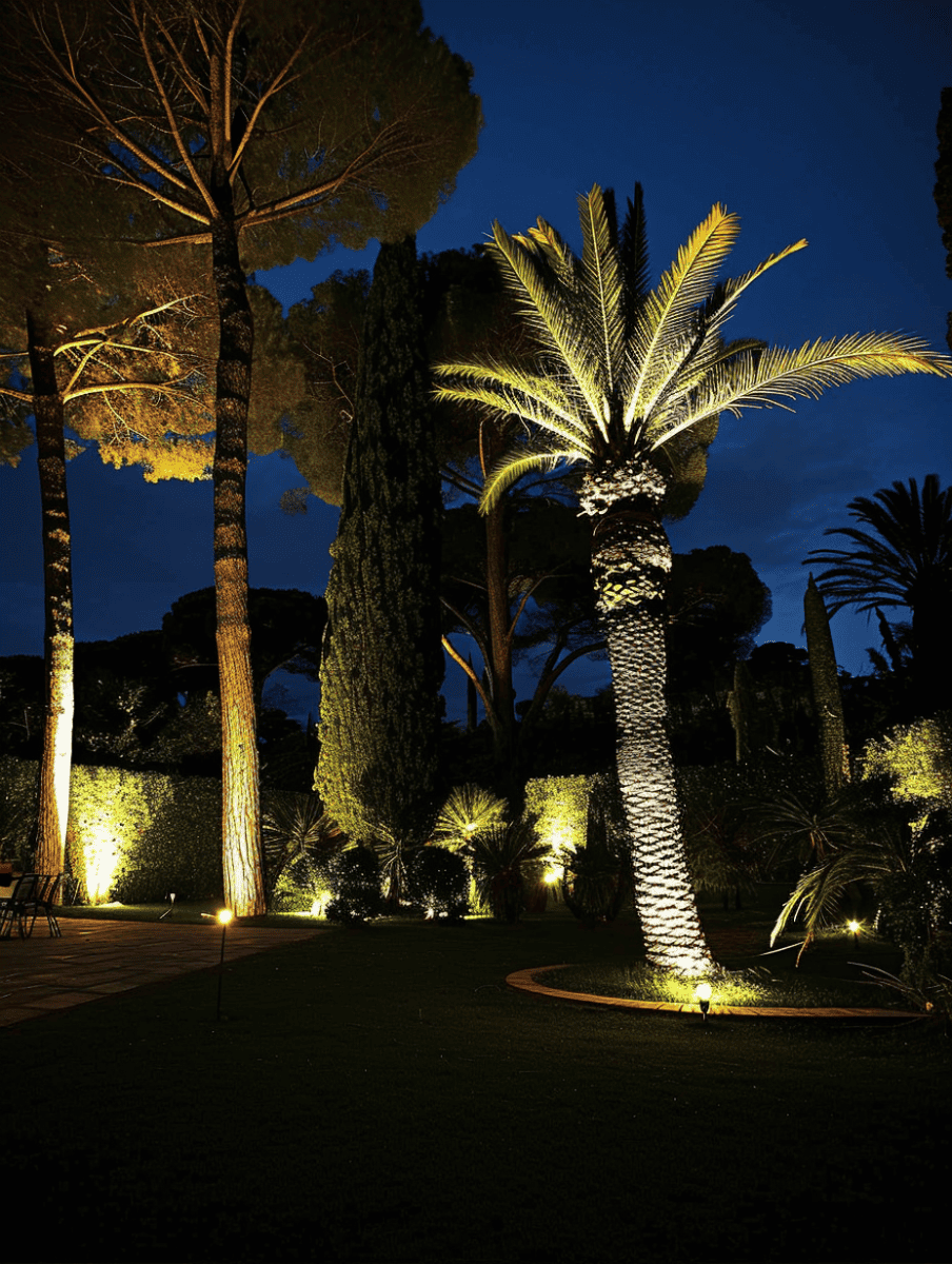 An illuminated palm tree stands out in the night, with its trunk wrapped in lights, set against a backdrop of dark silhouetted trees and shrubs in a lush garden ar 3:4