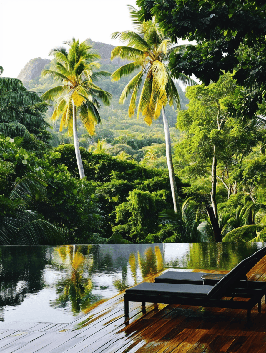 An infinity pool merges seamlessly with the lush greenery of a tropical landscape, flanked by towering palm trees and reflected in the water, with a solitary sun lounger on the wooden deck inviting relaxation ar 3:4