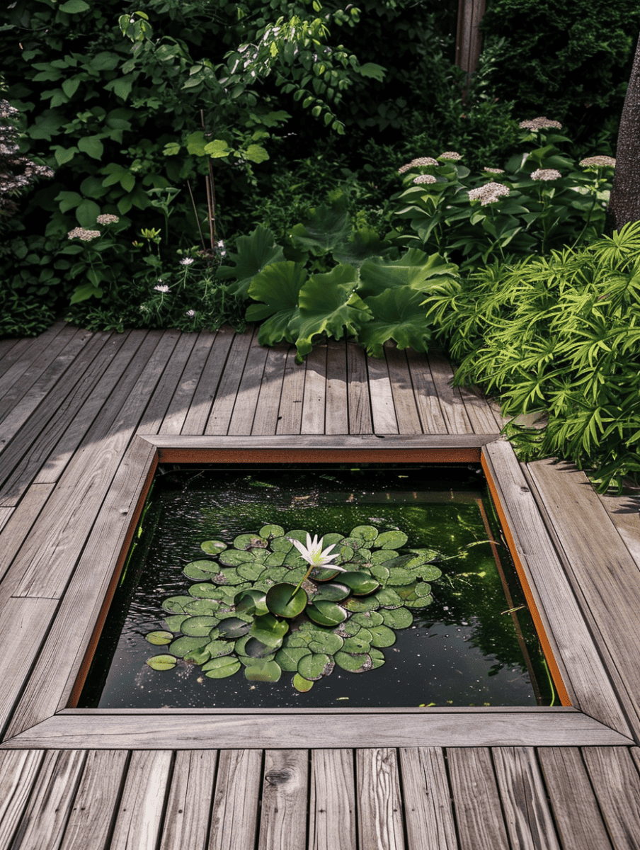 An integrated square pond with lily pads and a blooming water lily is set flush within a wooden deck, surrounded by a lush garden with varied foliage textures ar 3:4