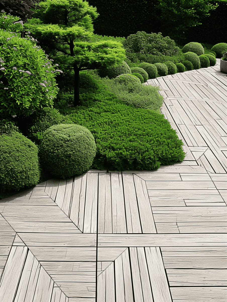 An intricately patterned wooden deck flows into a meticulously manicured garden with spherical shrubs and vibrant green trees, showcasing geometric landscape design ar 3;4