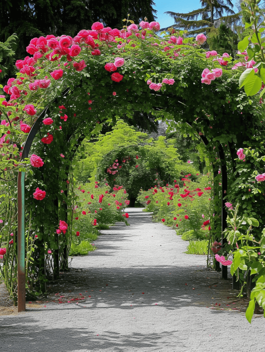 An inviting garden pathway is framed by a series of arches, each draped with clusters of blooming pink roses, leading through a tranquil and verdant landscape ar 3:4