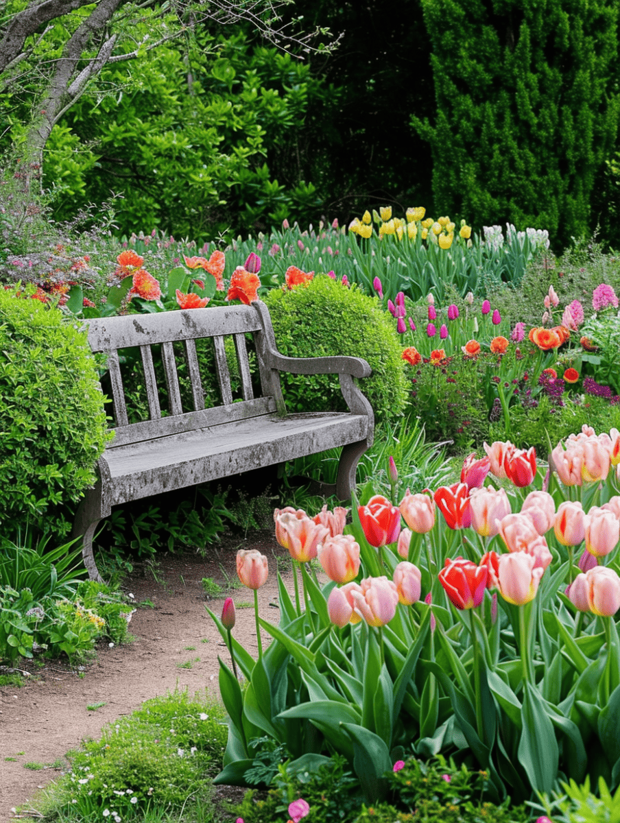 An inviting garden scene with an aged wooden bench surrounded by vibrant tulips in pinks and oranges, complemented by manicured green shrubs and a hint of yellow tulips in the distance ar 3:4
