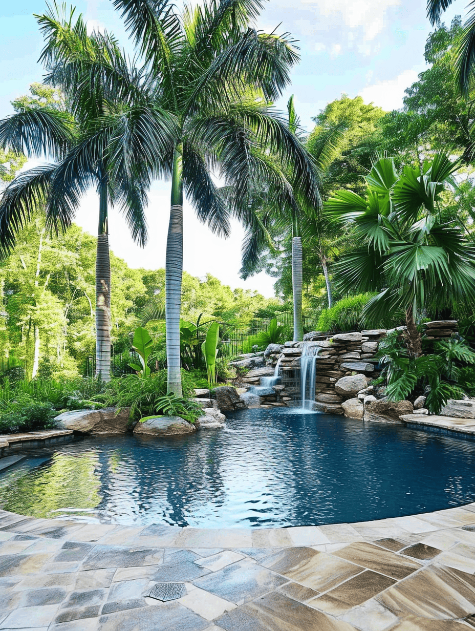 An inviting natural stone pool with a cascading waterfall is nestled among a lush tropical setting, framed by towering palm trees ar 3:4
