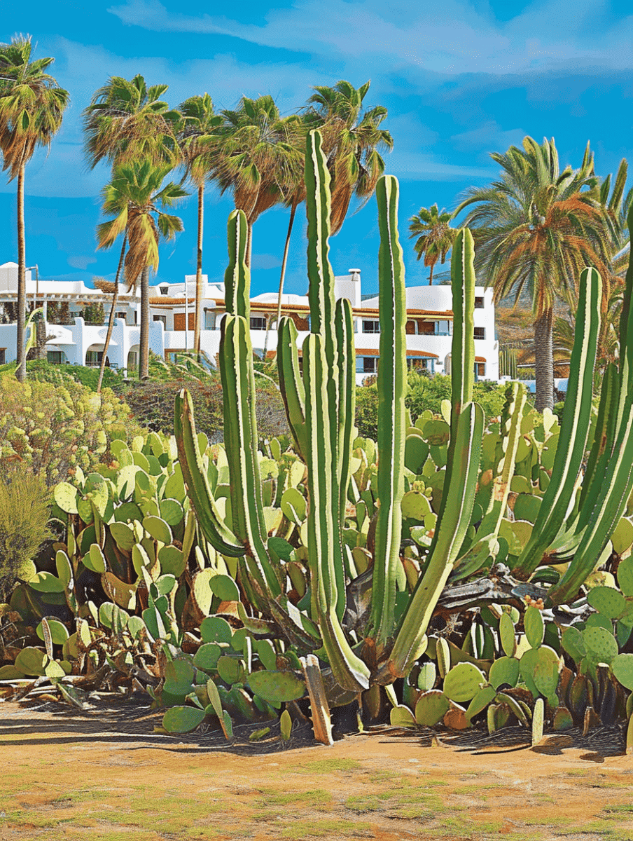 An oasis-like landscape features tall cacti and prickly pear bushes in the foreground with a backdrop of swaying palm trees against a clear blue sky, complementing the white architecture of a resort ar 3:4