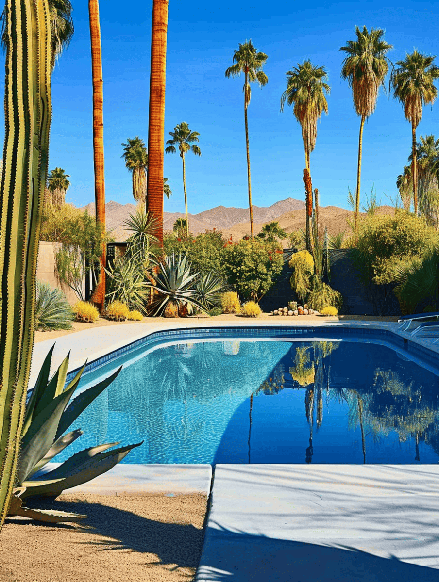 An oasis-like setting with a clear blue swimming pool reflecting tall palm trees and desert mountains, flanked by various cacti and agaves, under a bright blue sky ar 3:4