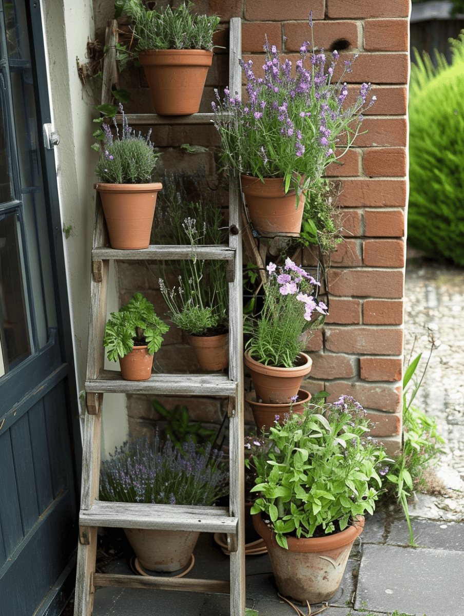 An old wooden ladder repurposed as a plant stand adds rustic charm to a balcony corner, adorned with terracotta pots of blooming lavender and other greenery against a brick wall, creating a quaint and inviting outdoor space ar 3:4