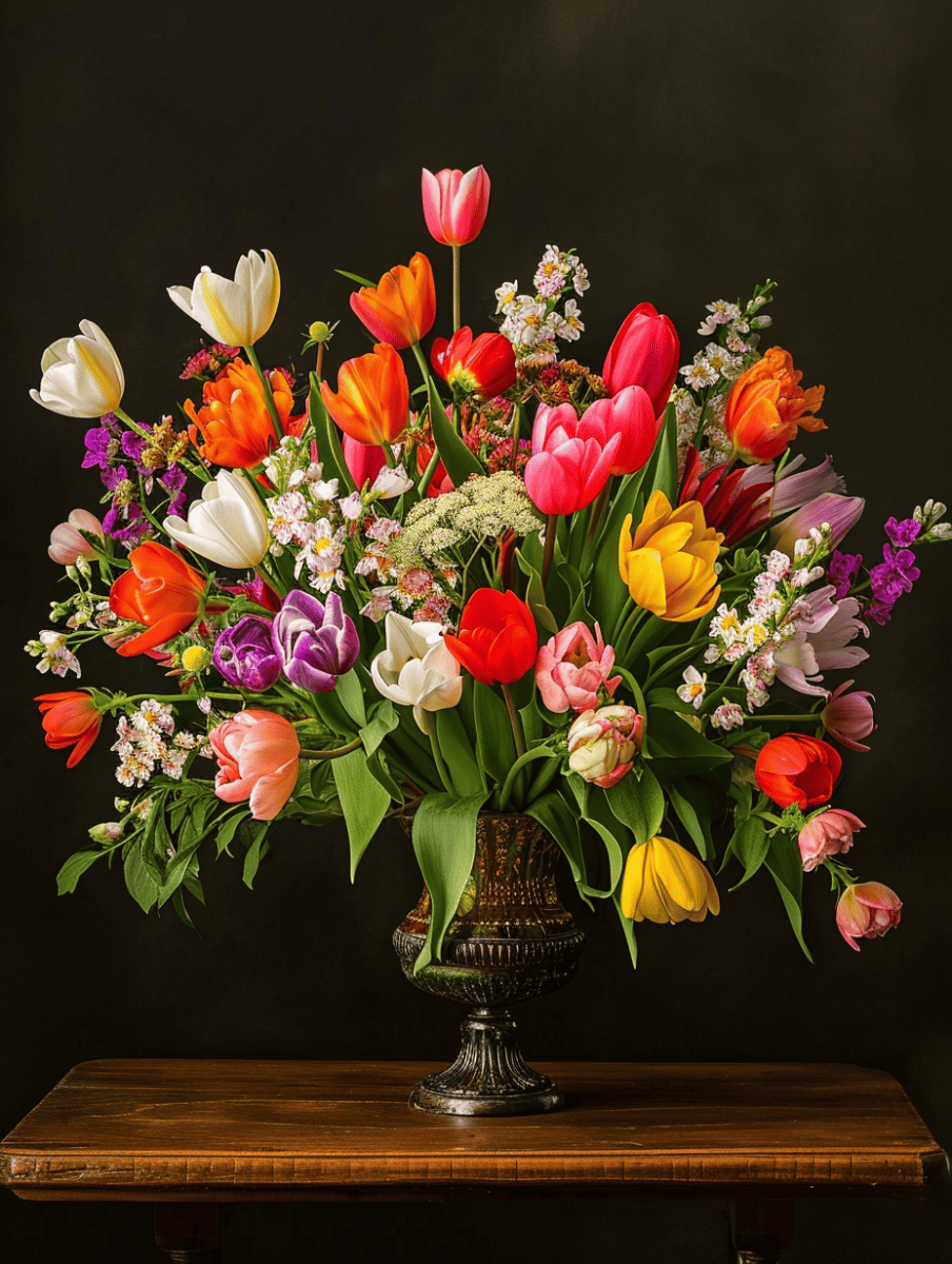 An opulent arrangement of multicolored tulips and assorted flowers spills from an ornate vase on a wooden table, set against a dark backdrop ar 3:4