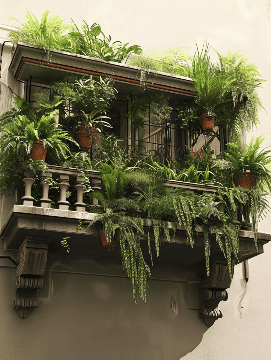 An ornate balcony overflows with an assortment of plants of differing sizes, colors, shapes, and textures, including ferns with delicate hanging fronds and potted plants with broad, variegated leaves, all set against the balcony’s intricate railing and classic architecture ar 3:4