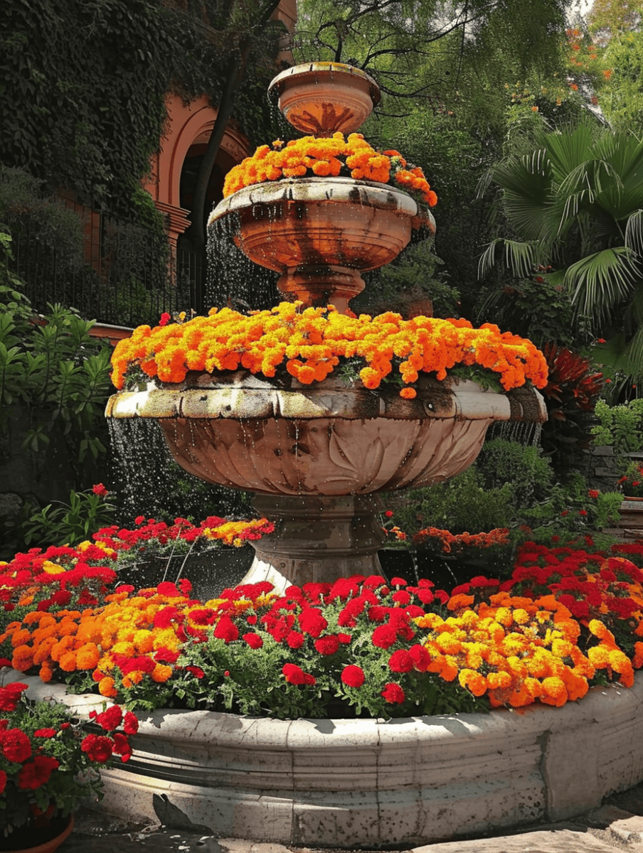 An ornate fountain, its water basins brimming with bright orange marigolds, spills water over its edges, surrounded by a vivid carpet of red and orange flowers, in a serene yet empty courtyard ar 3:4