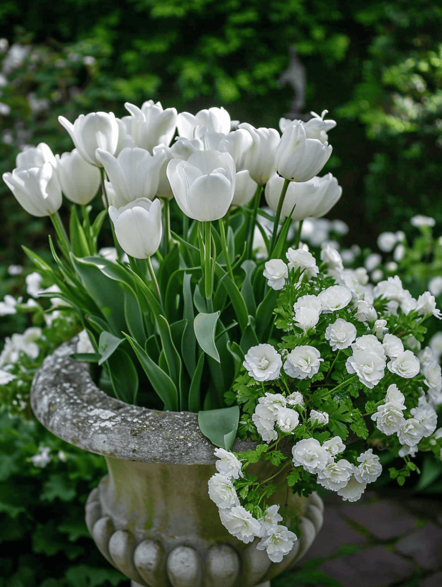 An ornate stone urn overflows with a lush arrangement of pristine white tulips, complemented by delicate white flowers cascading over its edge ar 3:4