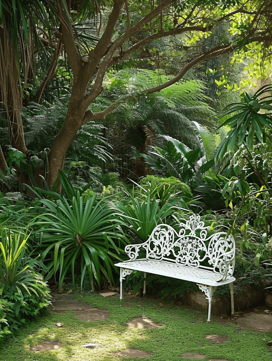 An ornate white metal bench sits in a tranquil garden surrounded by an array of lush tropical foliage, offering a peaceful retreat in the shade of overhanging trees ar 3:4