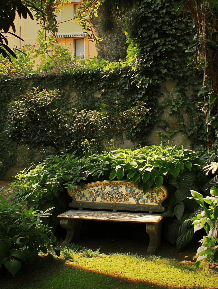 An ornately painted bench, nestled among lush green foliage, offers a charming resting spot in a tranquil garden dappled with sunlight ar 3:4