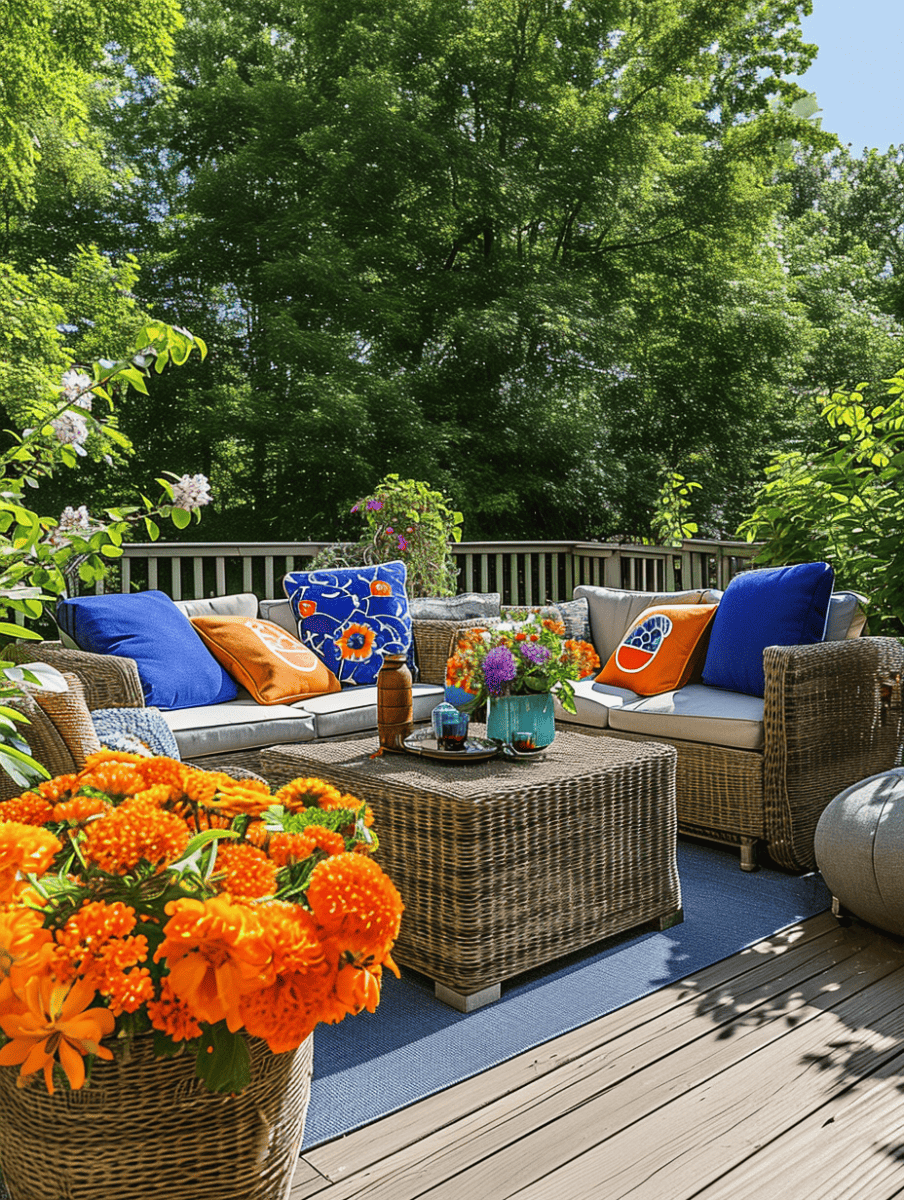 An outdoor deck is furnished with woven lounge furniture adorned with colorful cushions, surrounded by vibrant flowering plants and a backdrop of lush trees ar 3:4