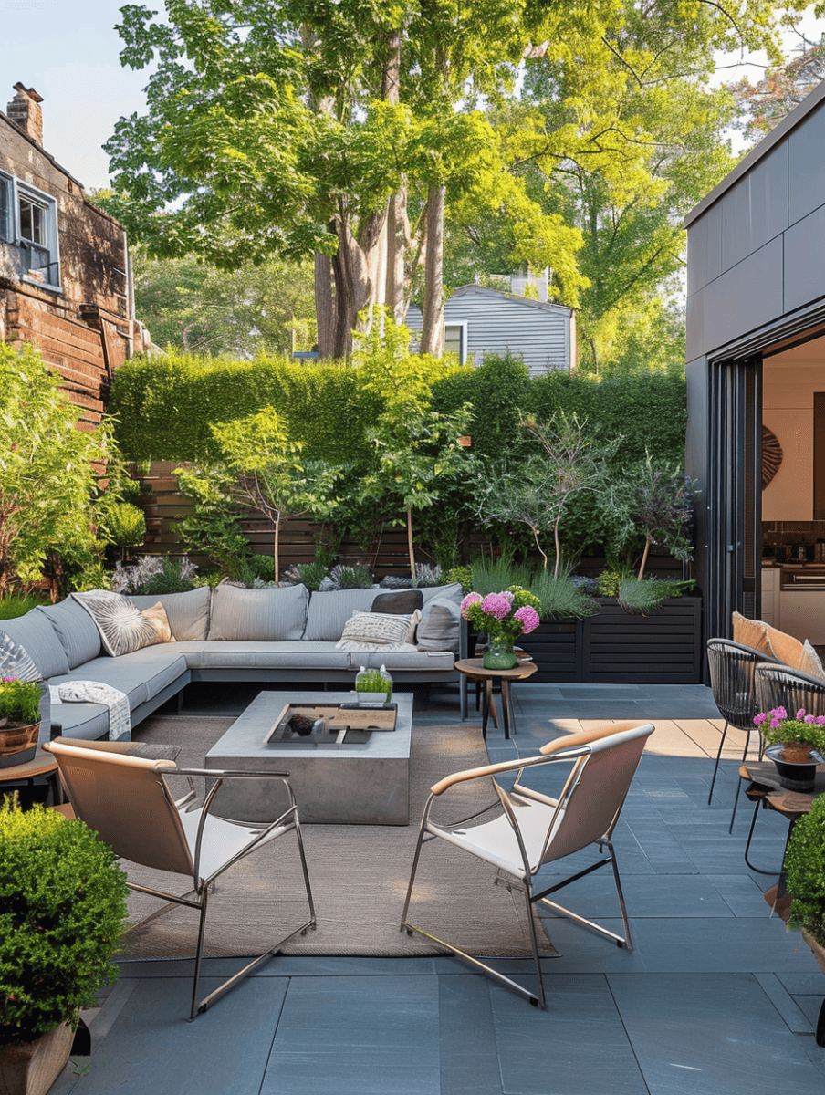 An outdoor living space is thoughtfully arranged with a plush, sectional couch, sleek metal-frame chairs, and several tables, all set on smooth decking and surrounded by lush garden greenery and trees ar 3:4