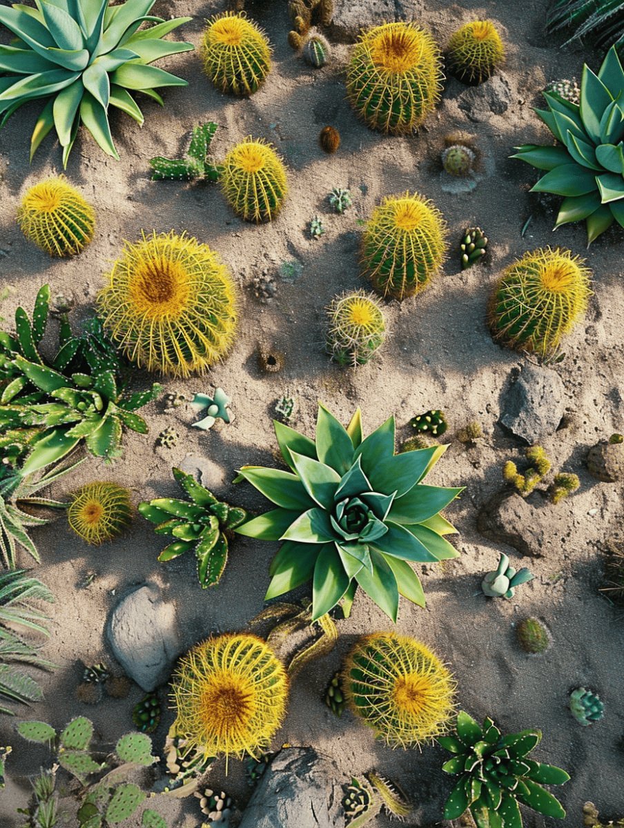 An overhead view of a desert landscape showcases a variety of cacti and succulents with striking yellow spines and green fleshy leaves, interspersed with smooth stones on sandy soil ar 3:4