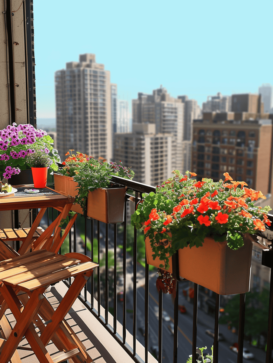 An urban balcony is transformed into a dining oasis with a wooden bistro set, flanked by blooming planters that add a splash of nature to the cityscape, offering a picturesque spot for a meal high above the bustling streets below ar 3:4