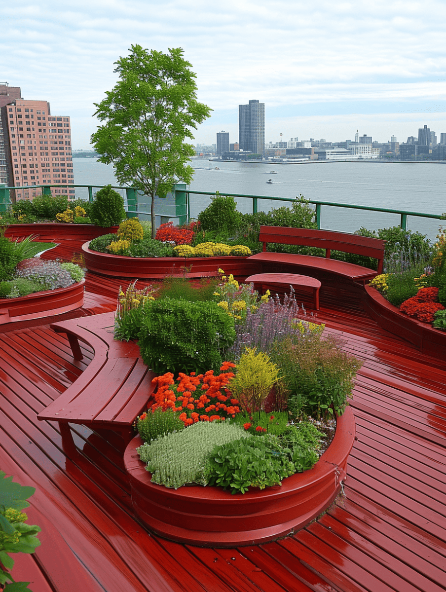 An urban rooftop garden with winding red wooden walkways and circular planters full of colorful flowers offers a panoramic view of a river and city skyline ar 3:4