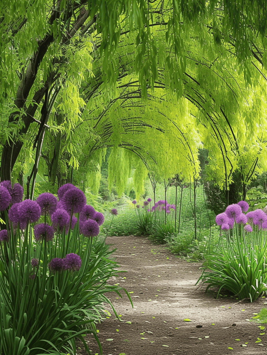 Arch-lined with weeping willows, interspersed with tall, spherical purple alliums, over a natural earth trail. --ar 3:4