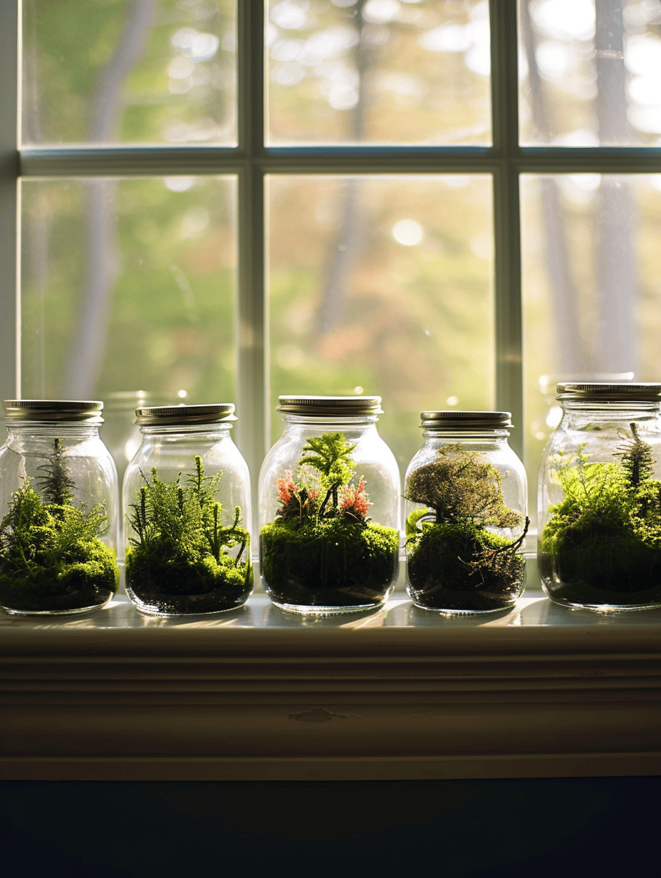 Arrayed on a windowsill, a collection of glass jars create tranquil moss terrariums, each a unique verdant micro-landscape bathed in the warm glow of the afternoon sun filtering through a paneled window ar 3:4