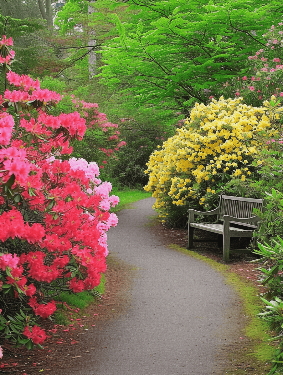 Azalea garden path curving gently with vibrant pink and yellow azaleas, leading to a wooden bench. --ar 3:4
