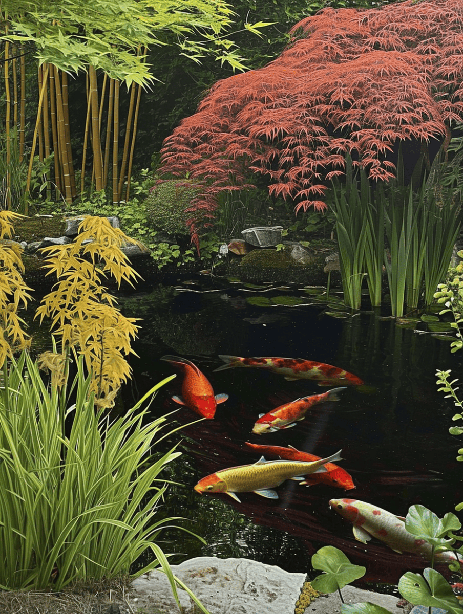 Bamboo accents the edge of a koi pond, where vibrant fish glide beneath a canopy of fiery red and soft yellow foliage, creating a serene, picturesque scene ar 3:4