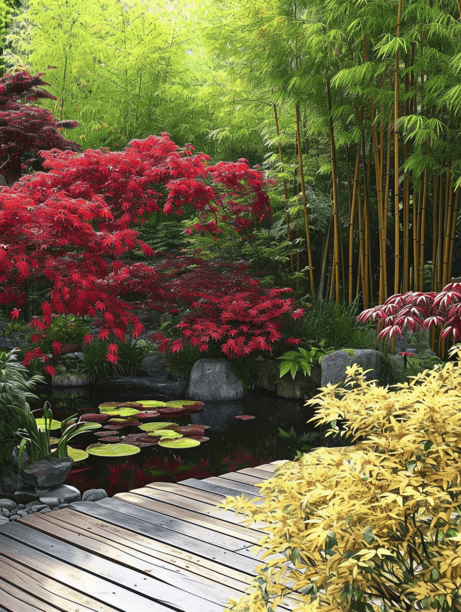 Bamboo stands tall along the fence line, contributing to the natural privacy of a vibrant garden with a pond, where red maples and yellow shrubs add brilliant color contrasts ar 3:4