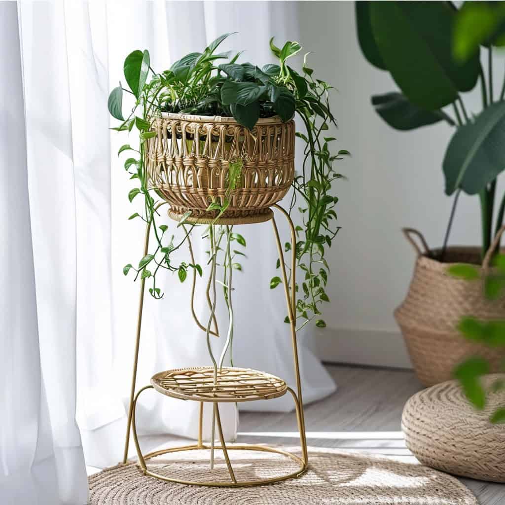 A small beautiful basket plant stand with a plant