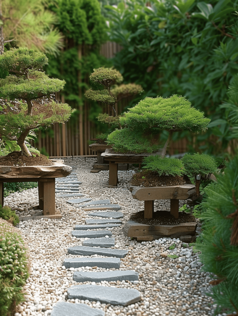 Bonsai garden path with stepping stones and pea gravel bordered by miniature trees on pedestals. --ar 3:4